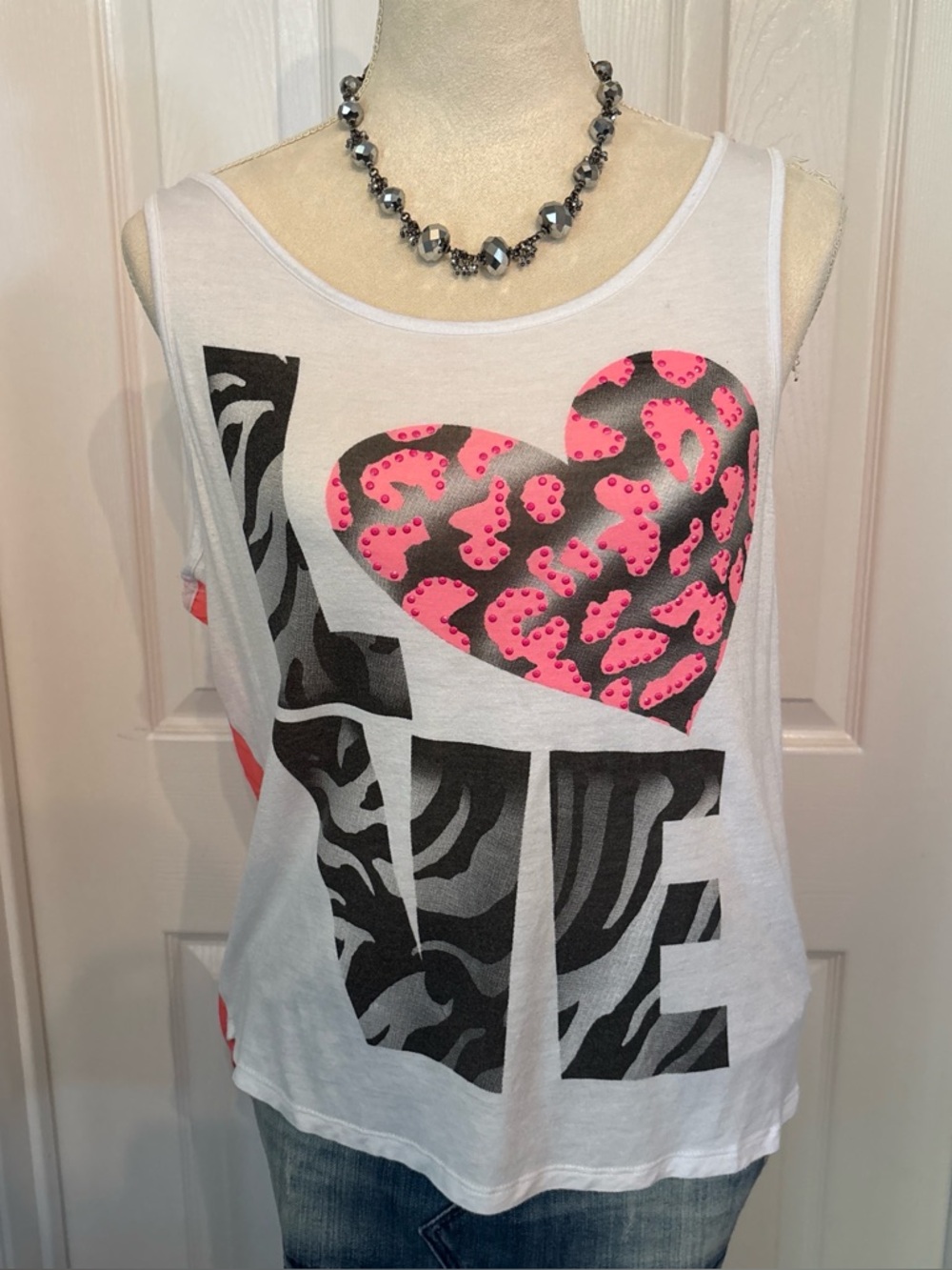 Wet Seal Coral & White Layered LOVE Heart Tank Neon Animal Print Retro